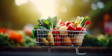 shopping cart with vegetables and fruits, Shopping cart filled with food and drinks and supermarket shelves in the background, 