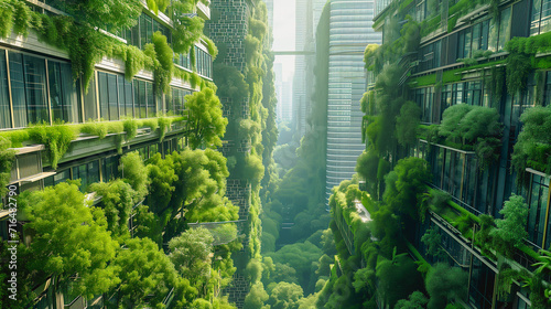 Futuristic Sustainable City Planning. High Tech Meets Green Nature. Smart Buildings, Innovative Eco Facades, Urban Forest. Responsible Community, AI Solutions, Citizen Wellbeing, Best Place to Live. 