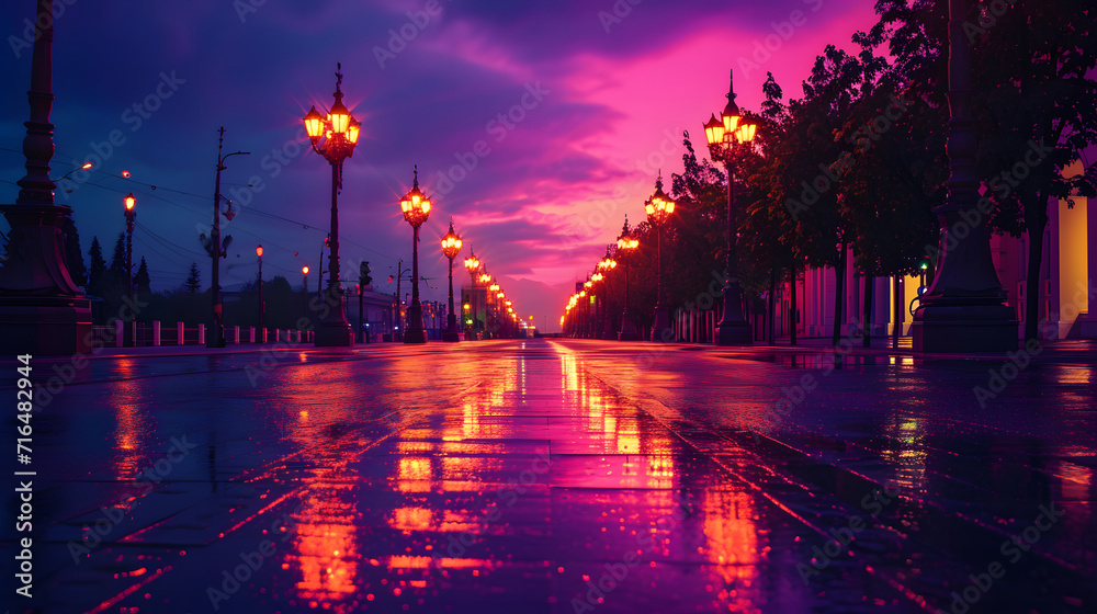 Purple Sunset Reflection on Wet City Street