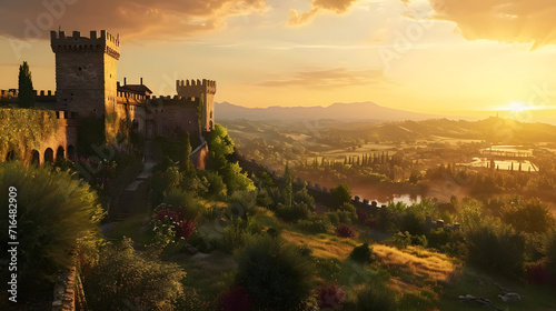 Hilltop Castle at Sunset Overlooking Panoramic Landscape