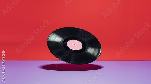 Black Vinyl Record on red background. Image of a Long Play. Sound tracks on a vinyl record photo
