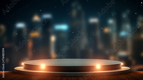 podium for a new product against the background of blurred lights of the night city