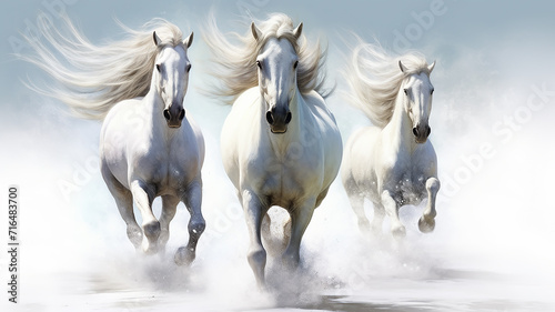 three unusual fairytale running horses  in a dynamic pose