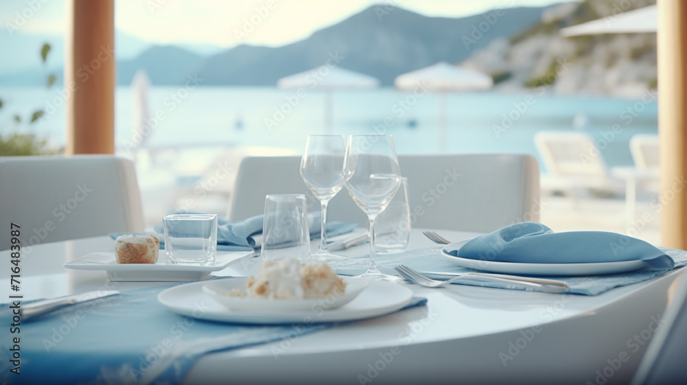 Fototapeta premium table setting in the restaurant interior light blue tones mediterranean style
