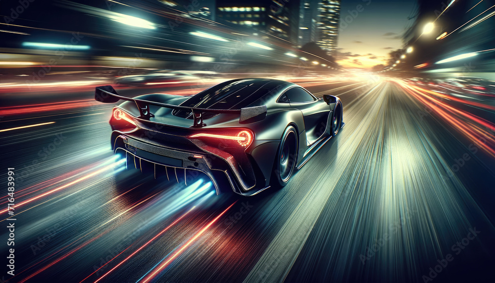 High-Speed Supercar Racing Through City at Night