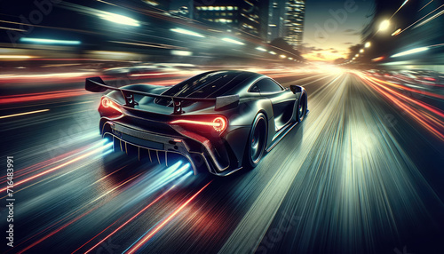 High-Speed Supercar Racing Through City at Night © Preyanuch