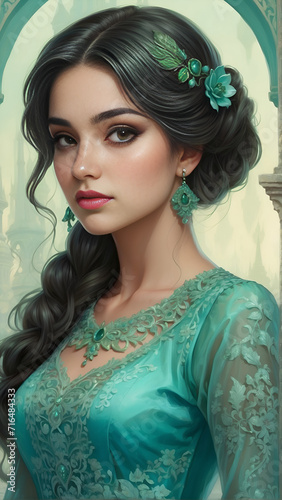 high quality, 8K Ultra HD, Omar Rayyan style illustration of a very beautiful twenty year old woman, similar to Ana Brenda Contreras, dressed in a beautiful turquoise green lace dress, green mist, photo
