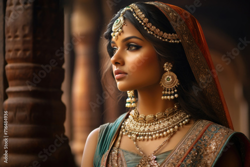 Side portrait of an Indian ethnic beautiful young woman wearing traditional costumes