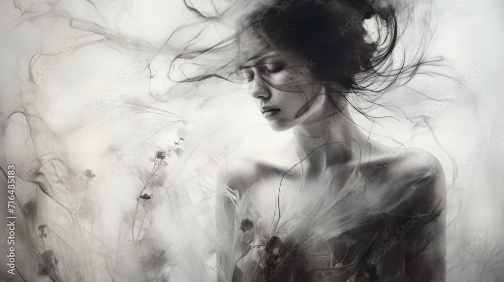 Monochromatic image of beautiful woman with flowing hair standing in a garden of wild flowers