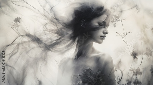 Monochromatic image of beautiful woman with flowing hair standing in a garden of wild flowers