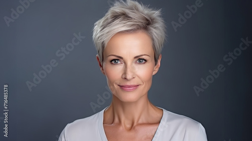 Portrait of a beautiful forty year old woman with short hair on a gray background.