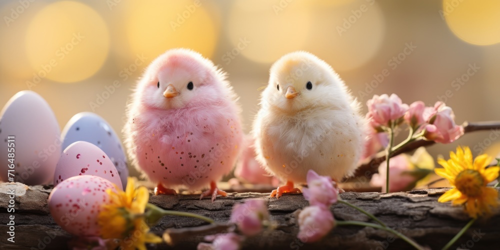 Easter eggs and chicks on wooden background. Happy easter.