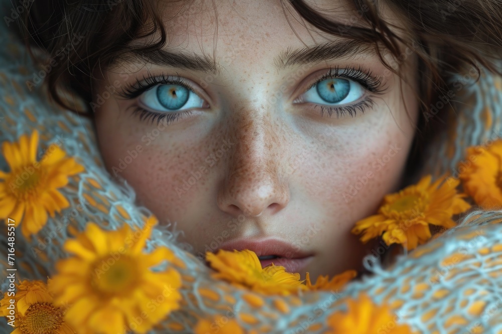 Close-up portrait of a beautiful girl in a scarf with flowers Close-up portrait of a beautiful girl in a scarf with flowers