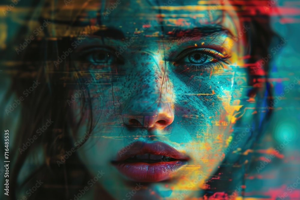 Close-up portrait of a beautiful young woman in neon light with grunge style and glitch elements.