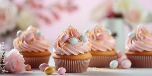 Delicious cupcakes with butter cream and chocolate eggs on table, closeup