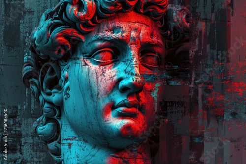 Statue of Apollo on a grunge background in red and blue colors.