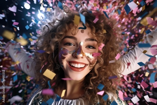 Happy young woman with confetti celebrating birthday party.