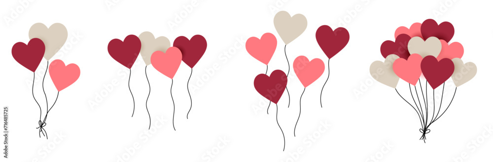 Ensemble de ballons en forme de cœurs, roses et beige pour célébrer un événement comme la Saint Valentin - Différents bouquets de ballons festifs aux couleurs douces - Illustrations vectorielles  - obrazy, fototapety, plakaty 