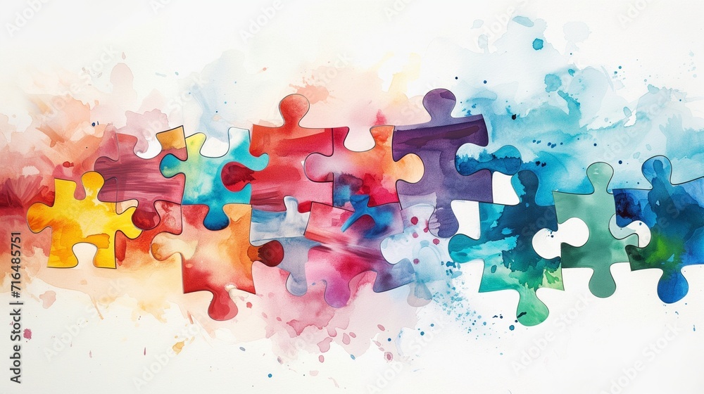 Interlocking puzzle pieces with a watercolor texture, symbolizing connection and diversity in a colorful, abstract design. - obrazy, fototapety, plakaty 