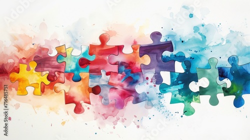 Interlocking puzzle pieces with a watercolor texture, symbolizing connection and diversity in a colorful, abstract design. photo