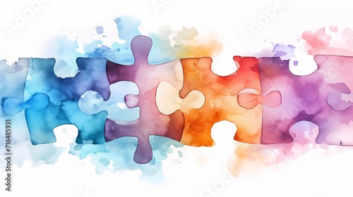 Interlocking puzzle pieces with a watercolor texture, symbolizing connection and diversity in a colorful, abstract design. photo