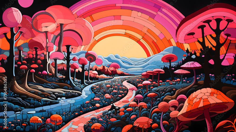 Obraz premium brightly colored illustration of a colorful landscape with a stream and trees