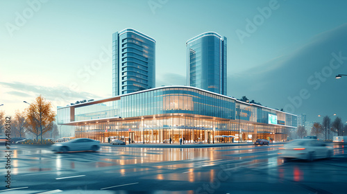 New apartment building in suburban area, Futuristic city mall, Architectural high rise shopping center or office building, big building on isolated background, 3d rendering Public building, photo
