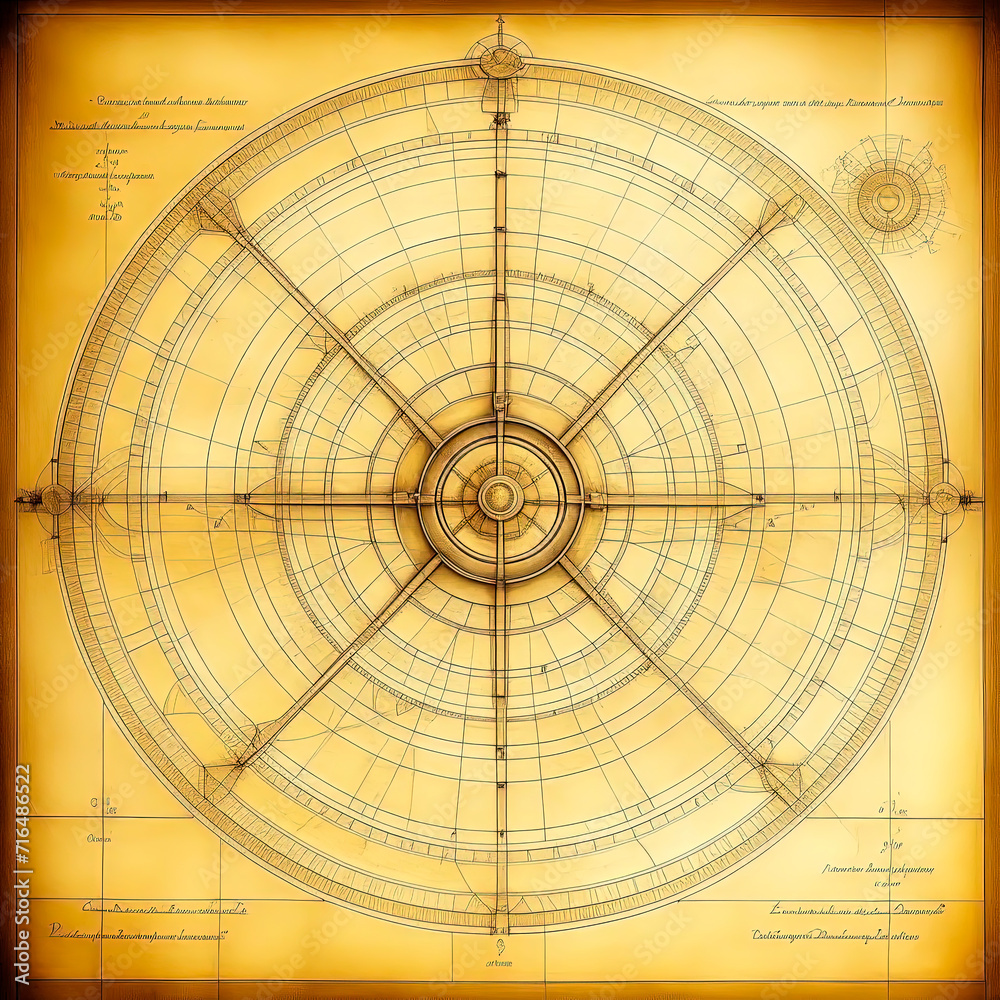 Fototapeta premium An illustration in the style of an old blueprint. Astrolabe is depicted in the style of a pencil drawing.