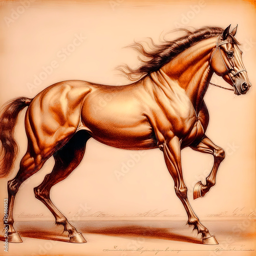 Fototapete Vintage background in the style of a pencil drawing of a galloping horse