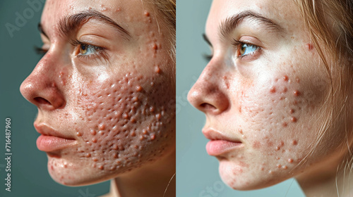 Girl skin problem, before and after, dermatology concept photo