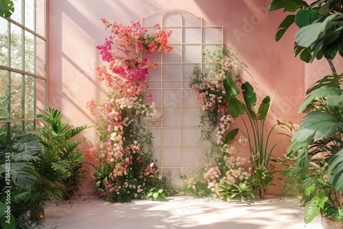 A wall bathed in a soothing pastel shade, adorned with a phyto-painting encapsulated within a metal frame made of plants and flowers that shimmer gracefully in the sunlight. photo