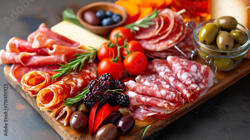 A Savoury Charcuterie Board Covered in Meats Olives Peppers Berries and Cheese, generative ai