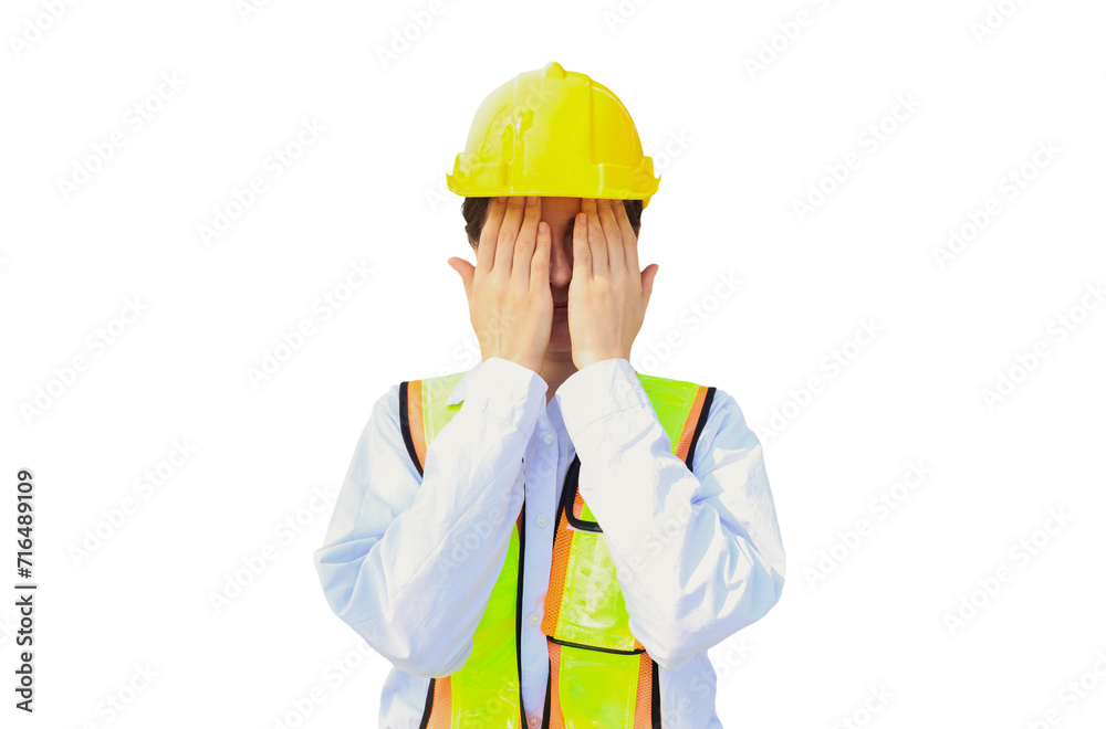 Female workers covering their faces with their hands have health problems eye irritation problems from dust and and excessive air pollution at construction sites on white background. Female workers covering their faces with their hands have health problems eye irritation problems from dust and and excessive air pollution at construction sites on white background.
