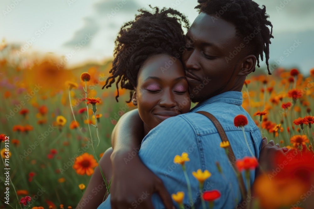 beautiful romance of lovers on valentines day in nature outdoors embracing with affection pragma . african american black people . - obrazy, fototapety, plakaty 
