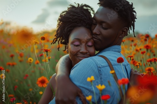 beautiful romance of lovers on valentines day in nature outdoors embracing with affection pragma . african american black people .