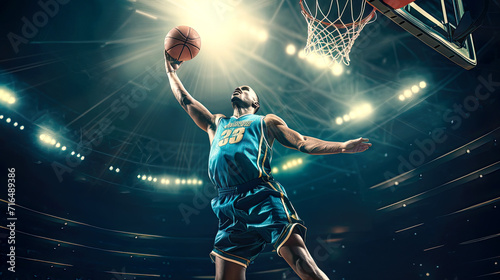 Basketball player makes slam dunk. Postproducted generative AI illustration. © LeArchitecto