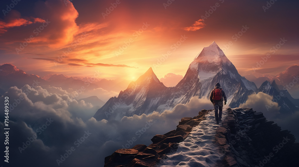 figure of a man on the way to a mountain peak at dawn, against the background of an incredible rocky landscape in dawn colors, the concept of the path to success, achievement in business - obrazy, fototapety, plakaty 