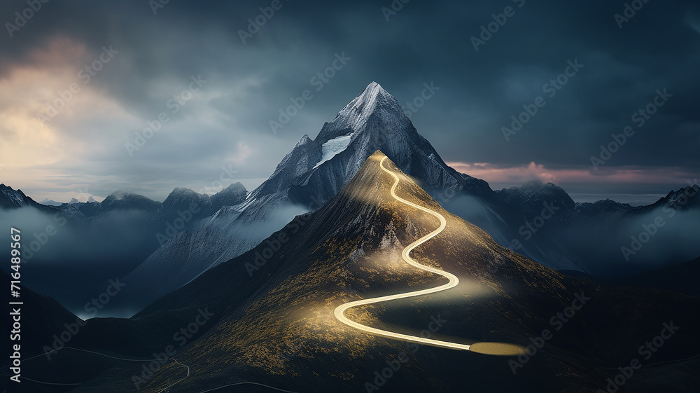 glowing path to the top of the mountain, business success strategy, development and growth concept - obrazy, fototapety, plakaty 