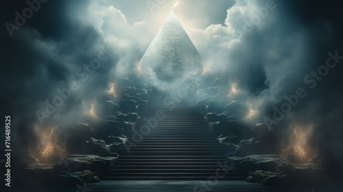 an ancient pyramid in the clouds, an abstract secret of knowledge the way to success in business