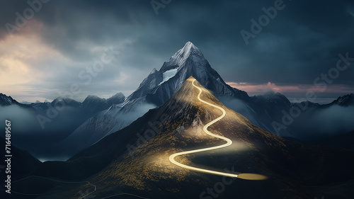 glowing path to the top of the mountain, business success strategy, development and growth concept