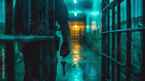 police jailer holding keys in prison corridor