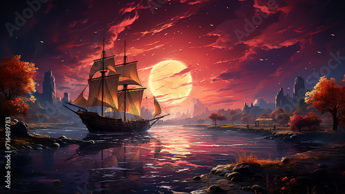 sailboat in a fantastic colorful dream night landscape photo