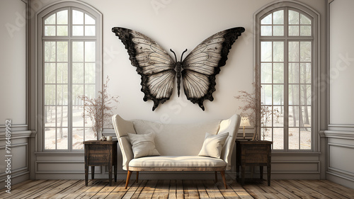 a huge butterfly on a white wall, an element of interior design, a fantastic creature with large wings