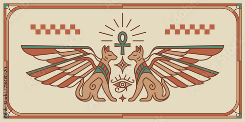 Two winged egypt cats, sacred eye of god Horus. Ancient Egypt vintage art hipster line art Illustration vector with eye of horus with Sacred scarab wings wall art design in outline minimal design