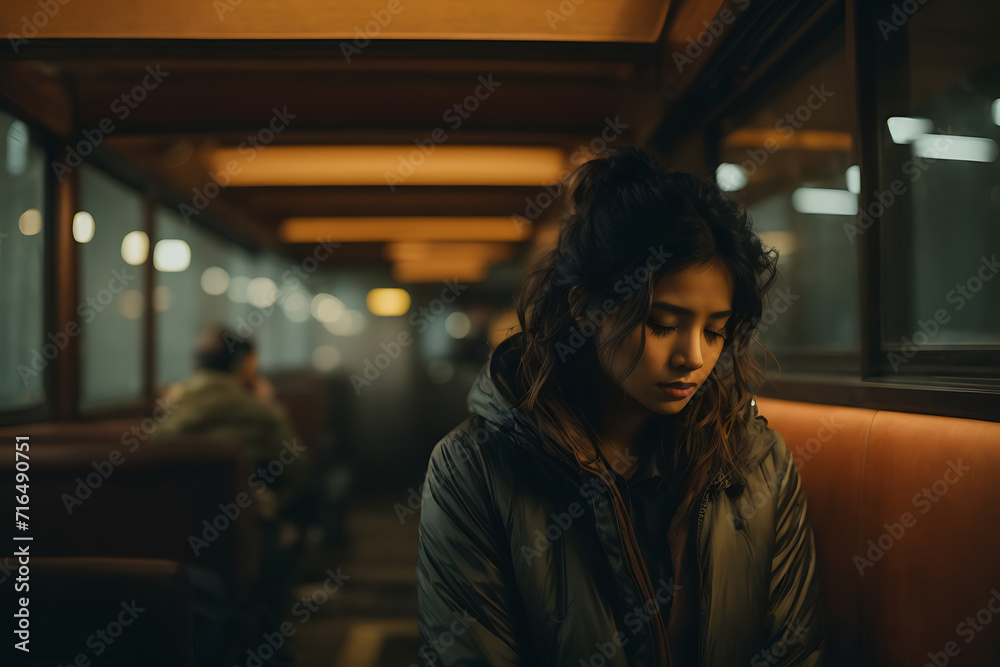 Woman on Bus Engrossed in Cell Phone. Generative AI. Woman on Bus Engrossed in Cell Phone. Generative AI.