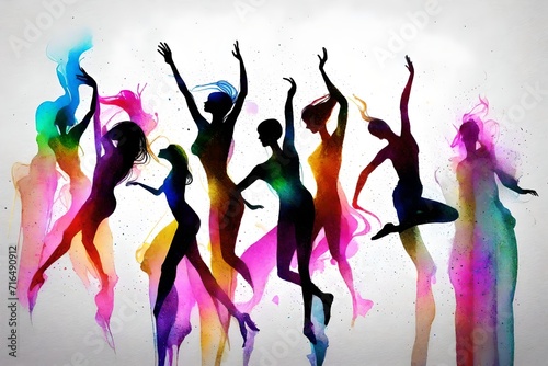 A digital painting featuring dancing silhouette figures   black ink on paper  perfect bodies   minimalistic  glitter accents