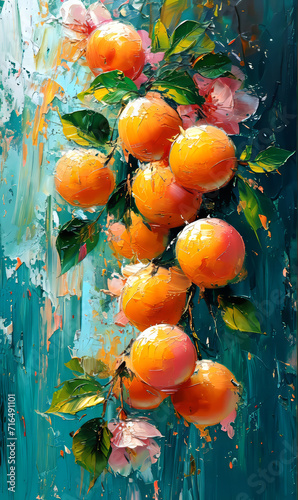 Still life with tangerines on a blue background. Fragment of artwork. photo