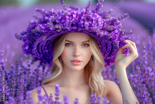 beautiful young girl a straw hat on a field of purple flowers