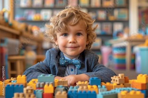 Playful boy at home enjoying educational and colorful building block construction game.