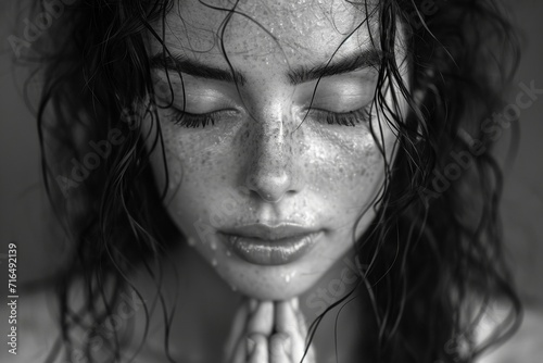 Young woman with sad and expressive emotions, captured in a close-up monochrome portrait.